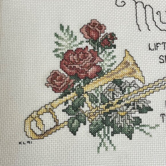 Framed Completed Counted Cross Stitch Trombone & Flowers 1991 - Picture 2 of 8